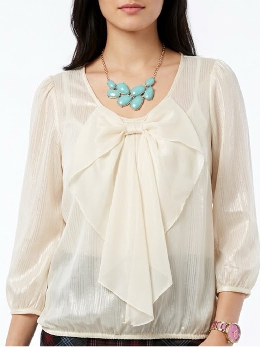 A. Byer Cream Metallic Sheer Bow Front Blouse 3/4 sleeve size medium